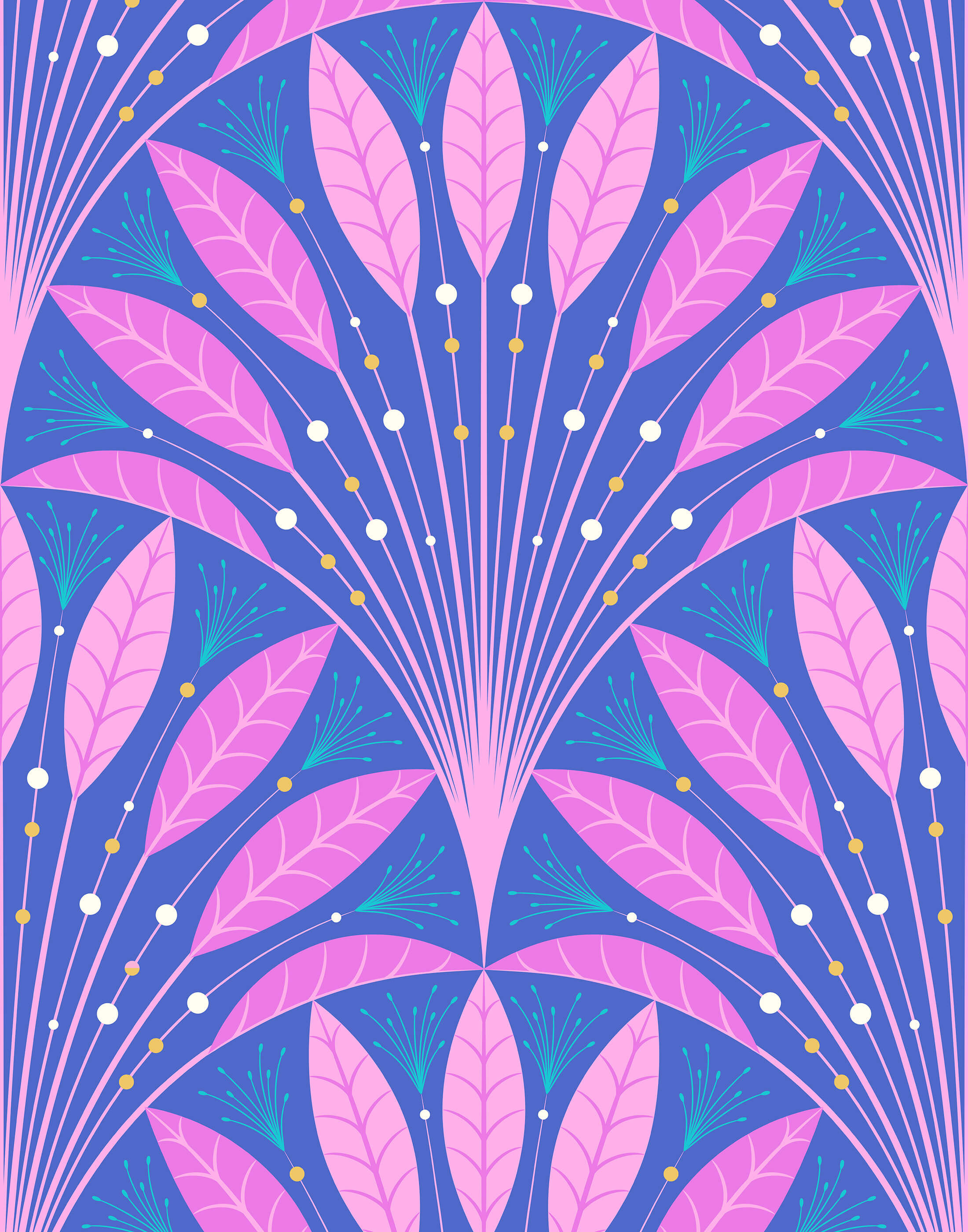 Frond art deco wallpaper with vibrant pink and blue stylized leaves and gold dots in a bold deco wallpaper design