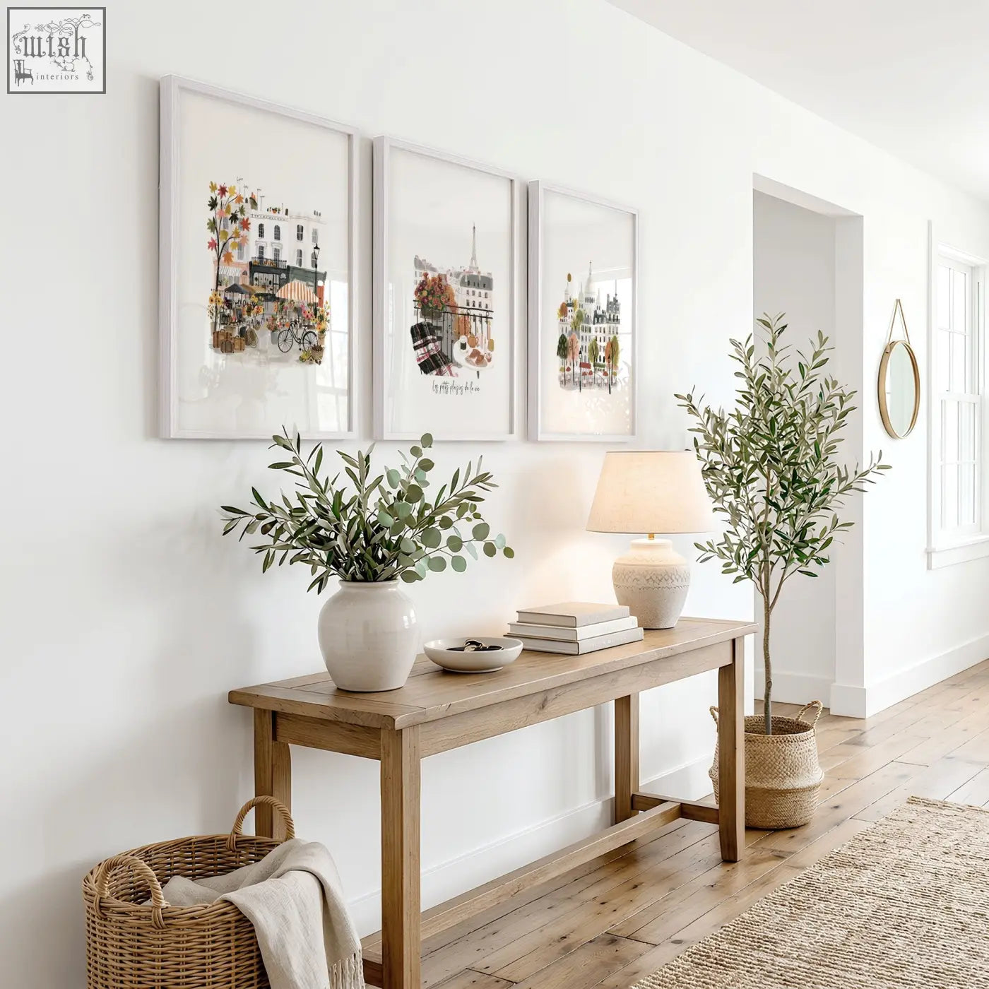 A white ceramic vase with eucalyptus branches featured in paris eiffel tower autumn travel wall art prints set