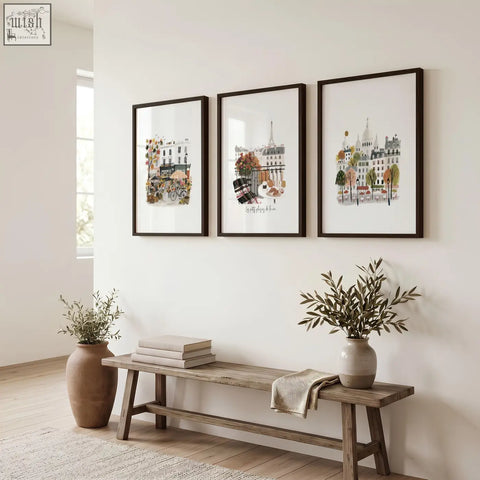 Three parisian-themed art prints with black frames hang on a white wall perfect for front room pictures wall art