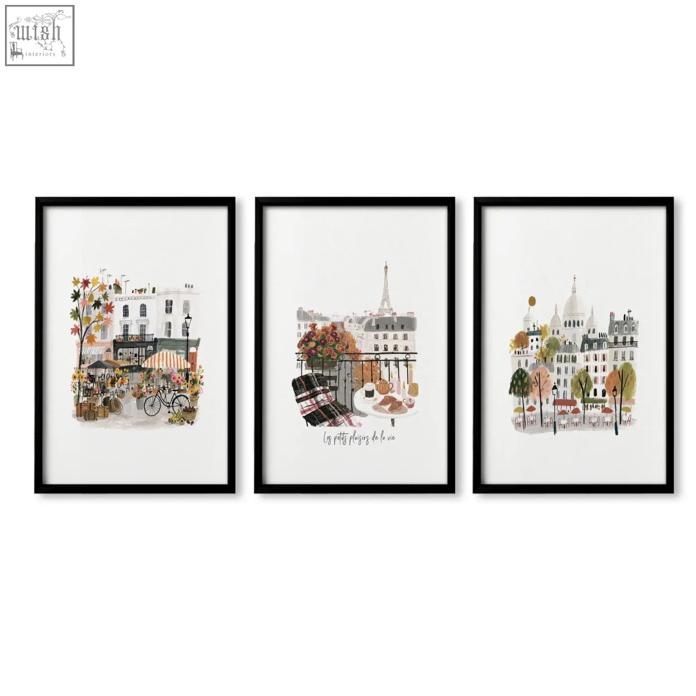 Set of three black-framed parisian-themed watercolor art prints perfect for front room pictures and wall art decor