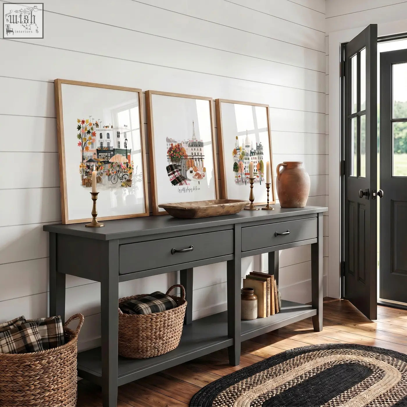 Dark gray console table with rustic wooden top and black metal handles shown with paris eiffel tower autumn wall art prints
