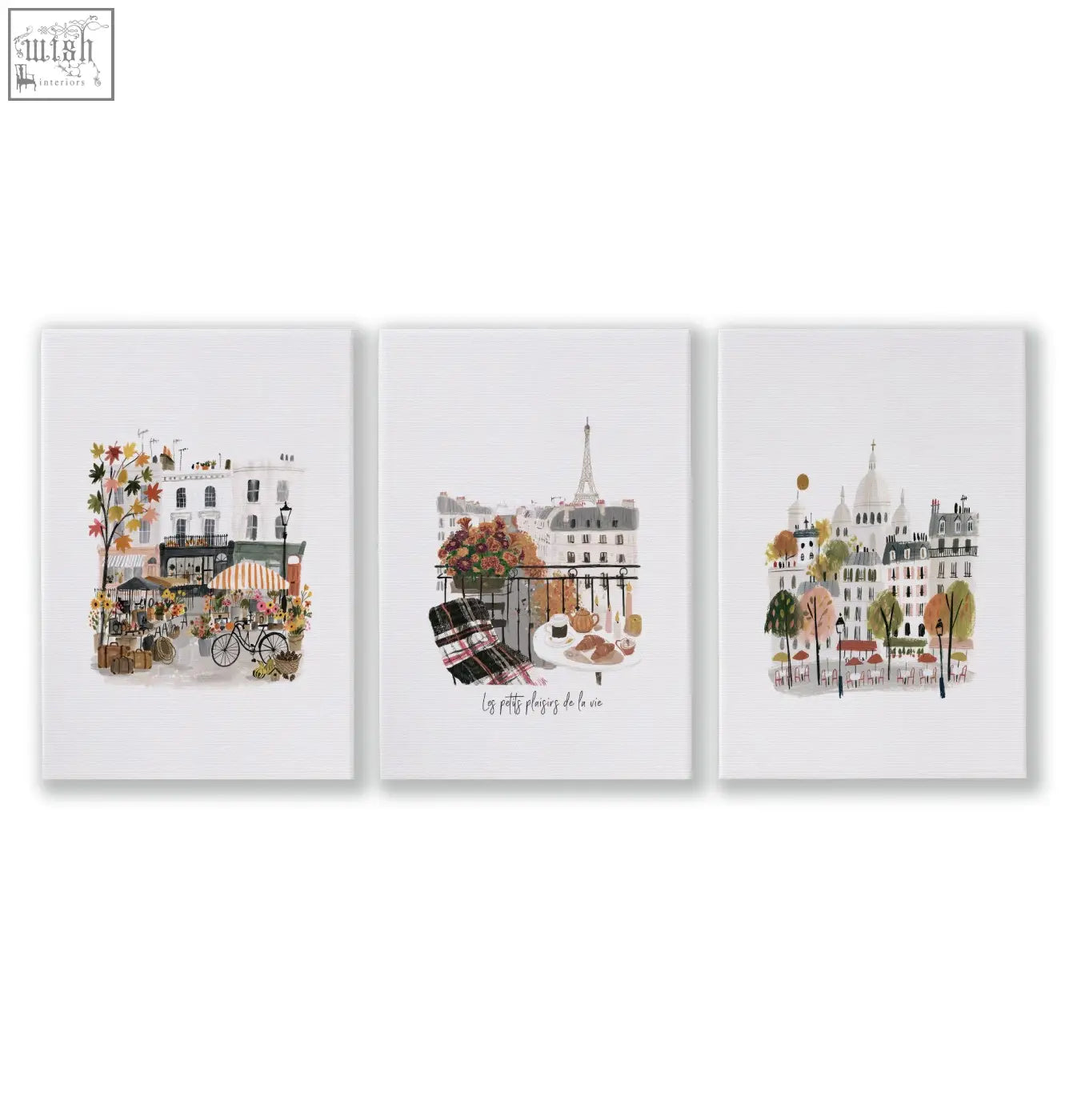Set of three parisian cityscape wall art prints with eiffel tower in soft earth tones for front room pictures and decor
