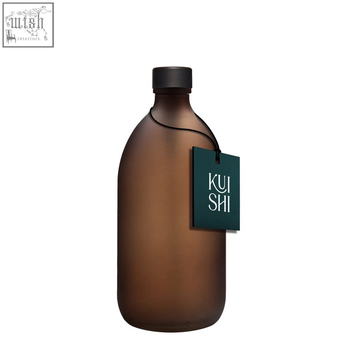 A frosted amber glass bottle with a matte black steel cap and dark green kui shi logo tag