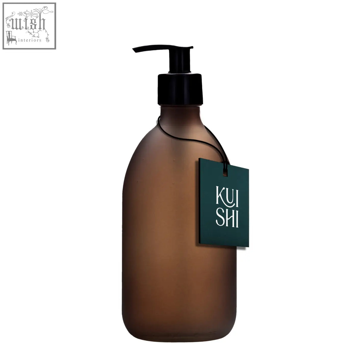 A sleek frosted amber glass pump bottle with black dispenser and dark green kui shi tag