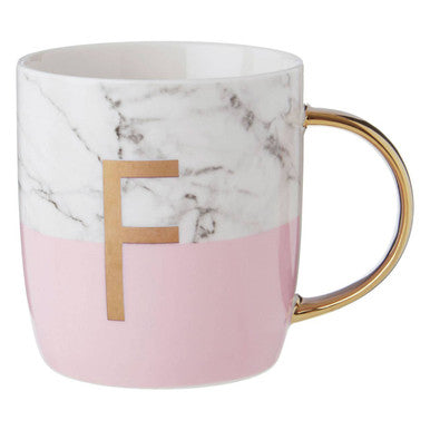 Pink and white marble effect ceramic monogram mug with frosted deco design and gold letter f with matching gold handle