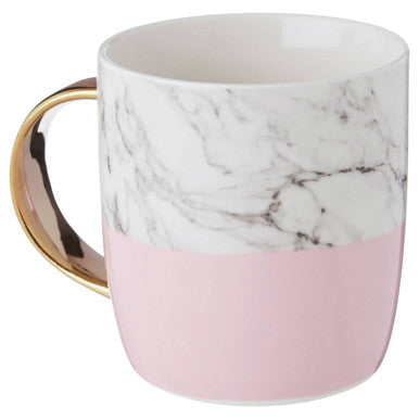 Pink and white marble effect ceramic monogram mug with frosted deco finish and gold toned handle