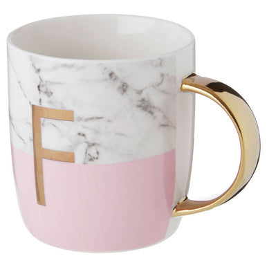 Pink and white marble effect ceramic monogram mug with frosted deco design and gold f letter and handle