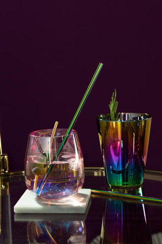 Frosted deco set of 4 tumbler glasses with iridescent rainbow colors, metallic rims, and green straws