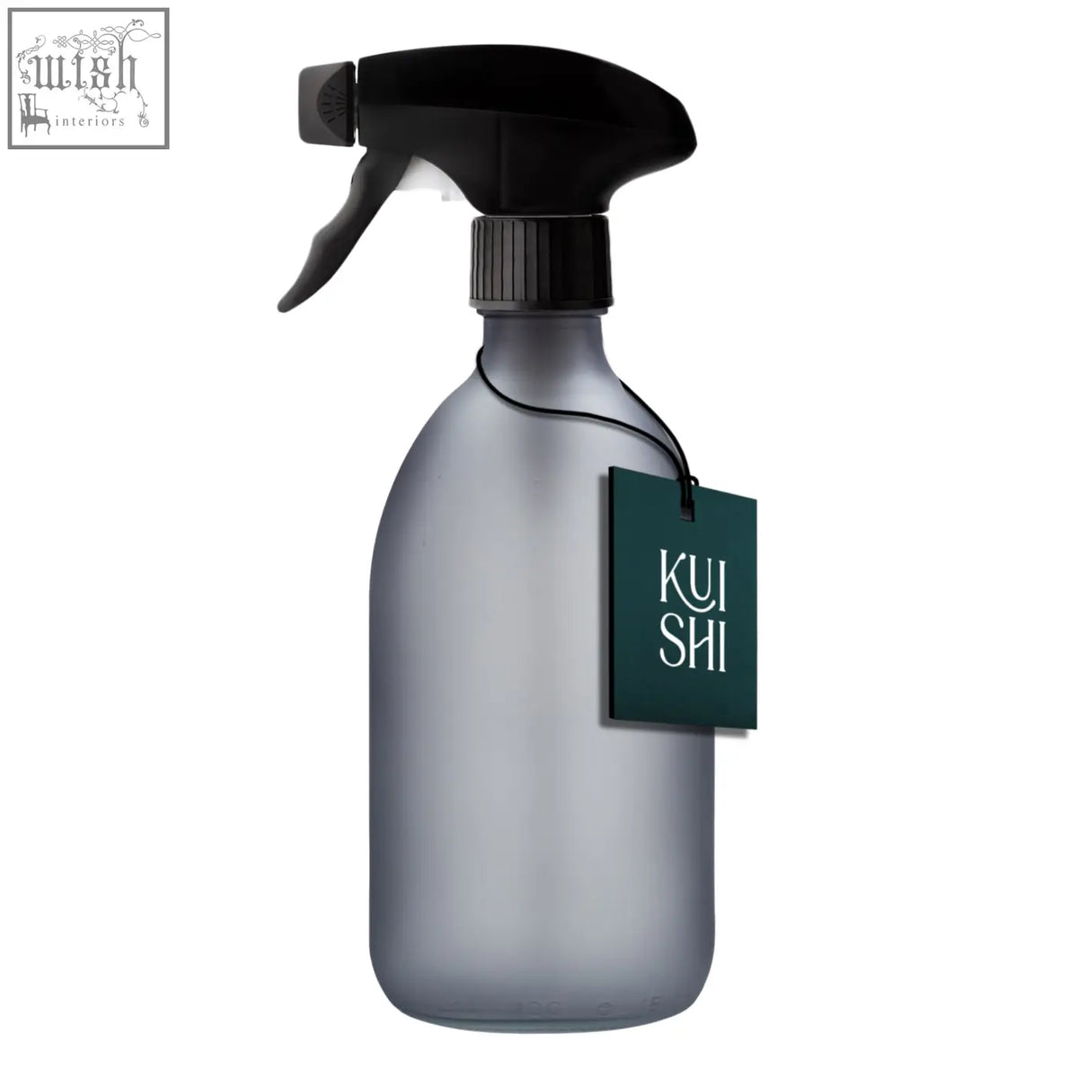 Matte frosted grey spray bottle with a black trigger pump nozzle and cap perfect for misting and cleaning