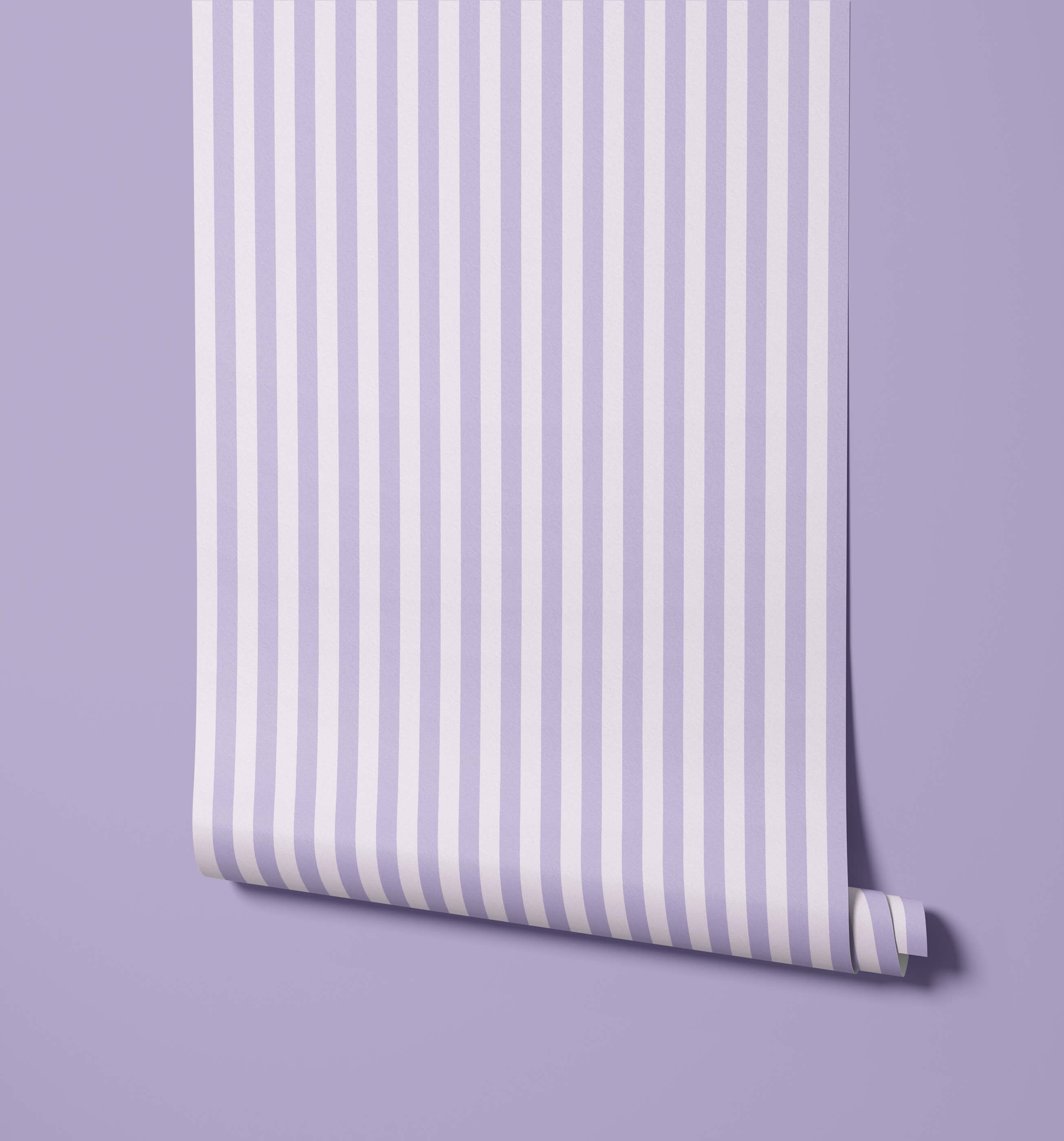 A roll of froyo striped wallpaper in lavender and white vertical stripes for stylish wall decor