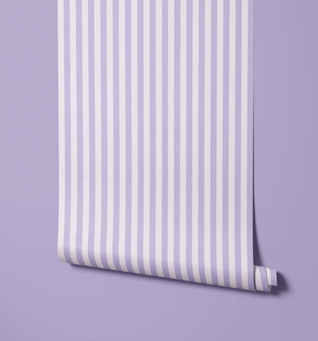 A roll of froyo striped wallpaper in lavender and white vertical stripes for stylish wall decor