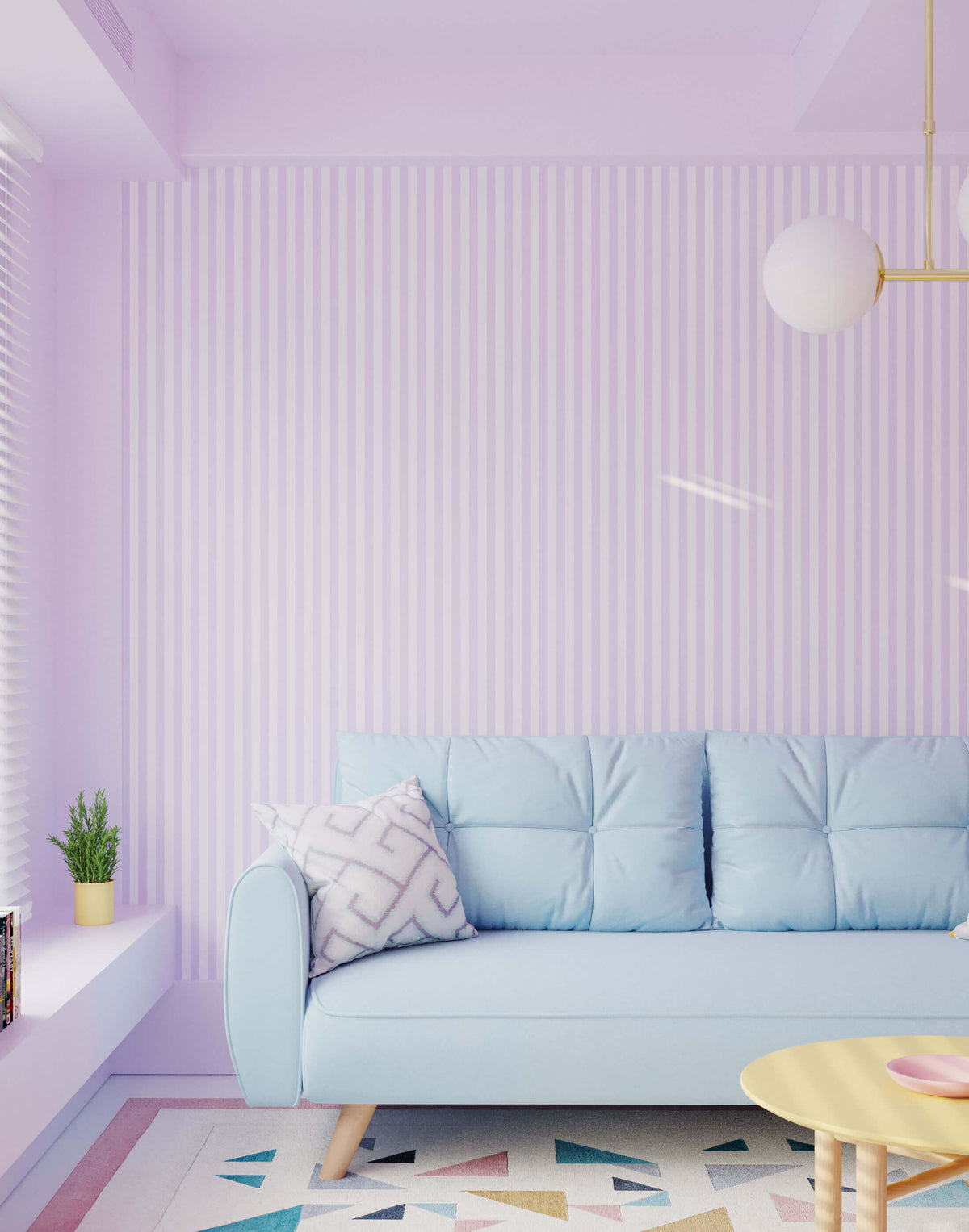 Light blue tufted froyo sofa with wooden legs and geometric throw pillow against striped wallpaper background