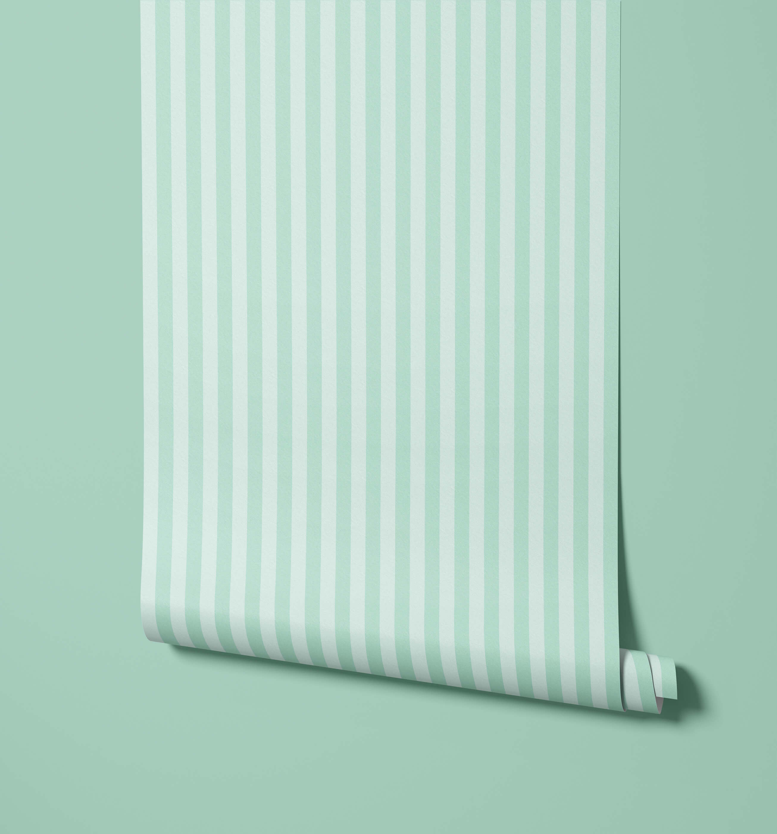 A roll of froyo mint green and white vertically striped wallpaper perfect for fresh stylish wall decor