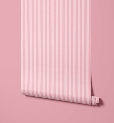 Froyo striped wallpaper roll in pink and white vertical stripes perfect for fresh and playful room decor