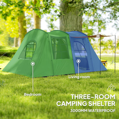 Outsunny 3-4 Man Tunnel Tent, Family Camping Tent with Porch, Bedroom and Living Area, Sewn in Groundsheet, 3000mm Waterproof, Portable with Bag for Hiking, Festival, Backpacking, Green