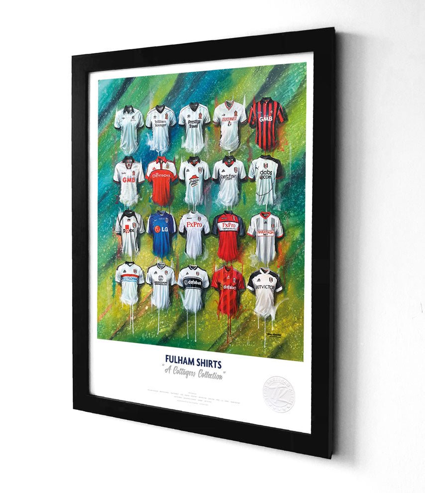 Framed print of fulham a3 art featuring colorful iconic cottagers football shirts on green and blue abstract background