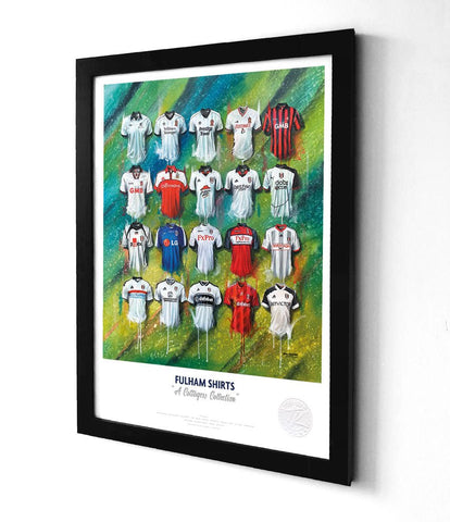 Framed print of fulham a3 art featuring colorful iconic cottagers football shirts on green and blue abstract background