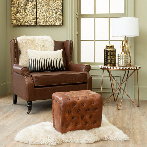 Brown leather tufted ottoman matching the fulham brown leather effect wing armchair for stylish seating and storage