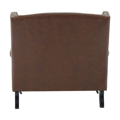 Fulham brown leather effect wing armchair with brown leather upholstery and black metal legs for stylish seating