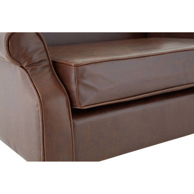 Fulham brown leather effect wing armchair with brown leather sofa style rolled armrests and stitched detailing