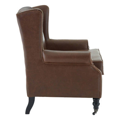 Fulham brown leather effect wing armchair with dark wooden legs and casters perfect for a cozy living room