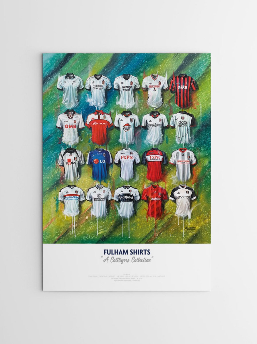A vibrant limited edition print poster showing a grid of fulham fc historic jerseys in various colors and designs