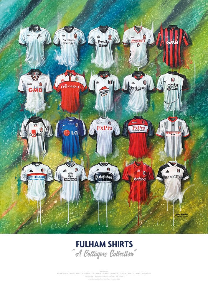 A vibrant collage of fulham fc jerseys in various colors and sponsor logos on a limited edition a2 signed print