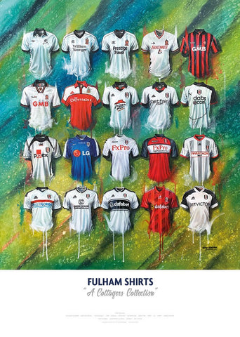 A vibrant collage of fulham fc jerseys in various colors and sponsor logos on a limited edition a2 signed print