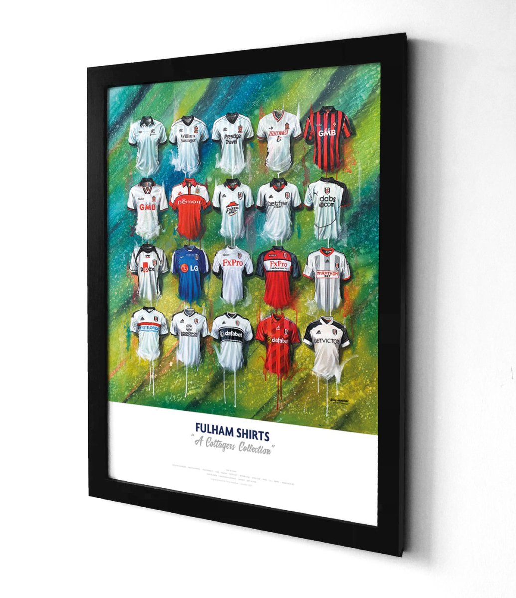 Framed art print of fulham fc historic jerseys collage in green blue background signed limited edition print