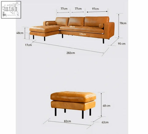 Tan leather fuller brown two seater sofa and matching ottoman with black metal legs in a modern minimalist design