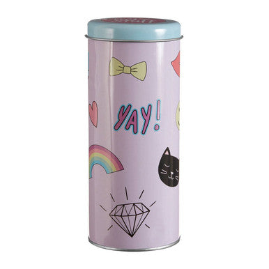Fun times storage canister pastel pink tin with light blue lid and colorful cartoon illustrations for fun times storage