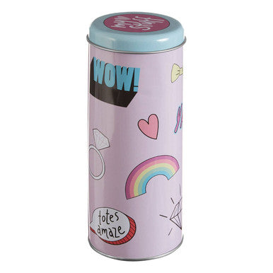 Pink cylindrical metal fun times storage canister with colorful cartoon stickers and a light blue lid