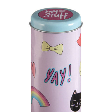 Fun times storage canister pink tin with light blue lid decorated with yellow bows rainbow hearts and black cat face