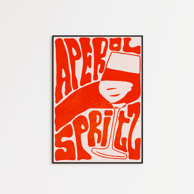 A bold red and white funky aperol typography a5 print poster with stylized lettering and an illustrated wine glass