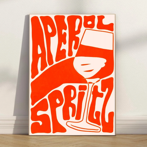 Vibrant orange and white funky aperol typography a5 print with bold stylized text and minimalist wine glass illustration