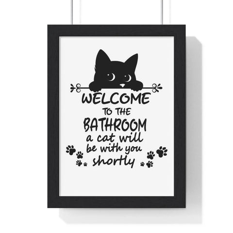 Funny cat bathroom print black-framed wall art with cat silhouette welcome text and paw prints on white background
