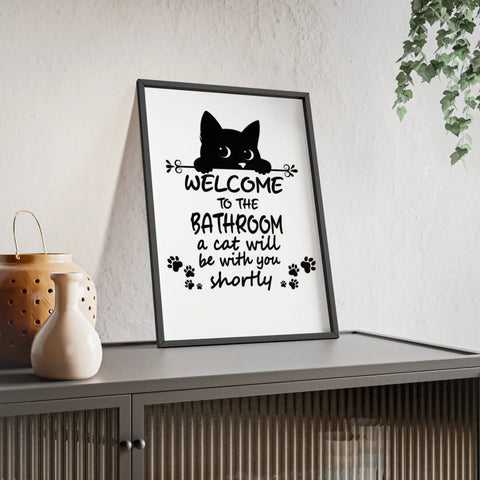 Black framed funny cat bathroom print with cat silhouette and welcome to the bathroom text with paw prints