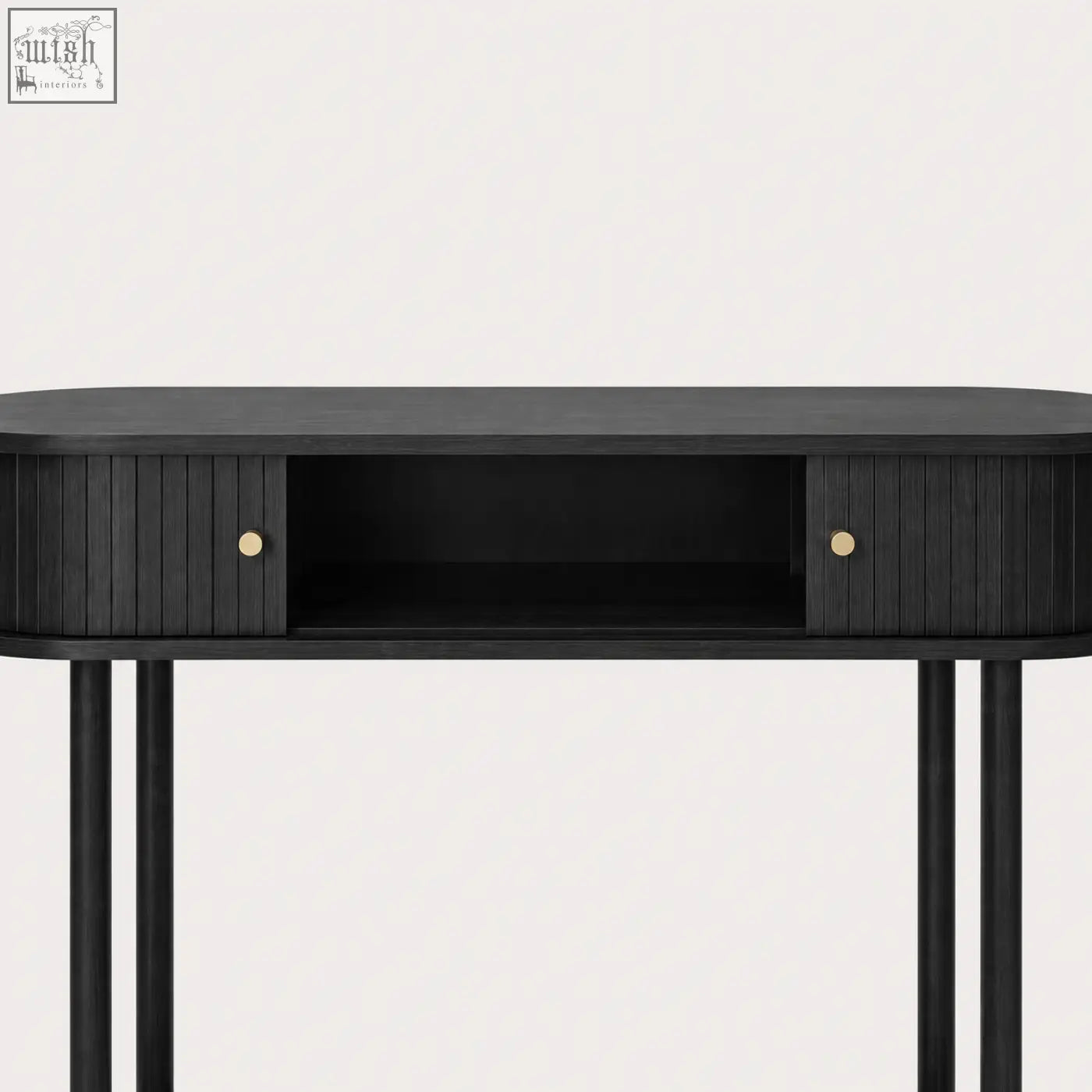 Furniture100 black console table with vertical slat sliding tambour doors and gold-toned round knobs for storage