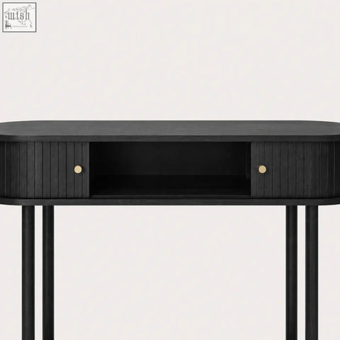 Furniture100 black console table with vertical slat sliding tambour doors and gold-toned round knobs for storage