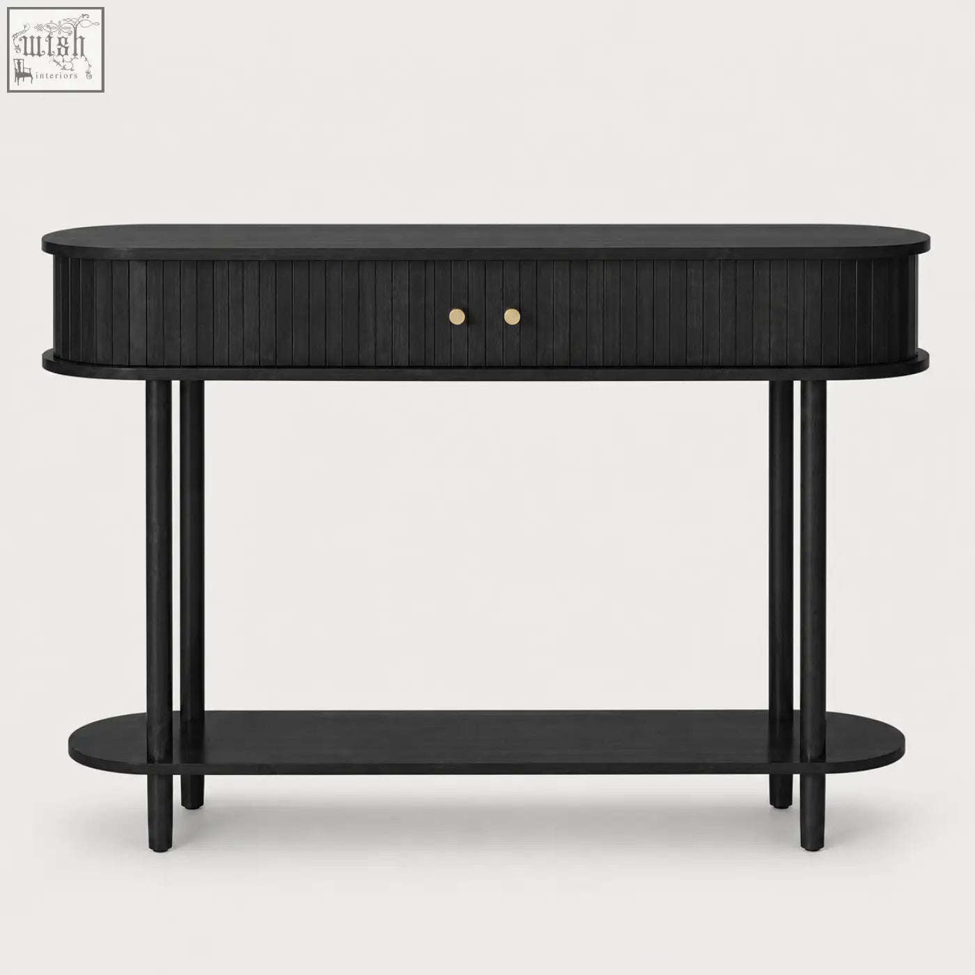 Furniture100 black console table with sliding tambour doors, vertical slats, gold-toned knobs, and storage shelf