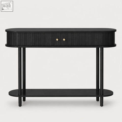 Furniture100 black console table with sliding tambour doors, vertical slats, gold-toned knobs, and storage shelf