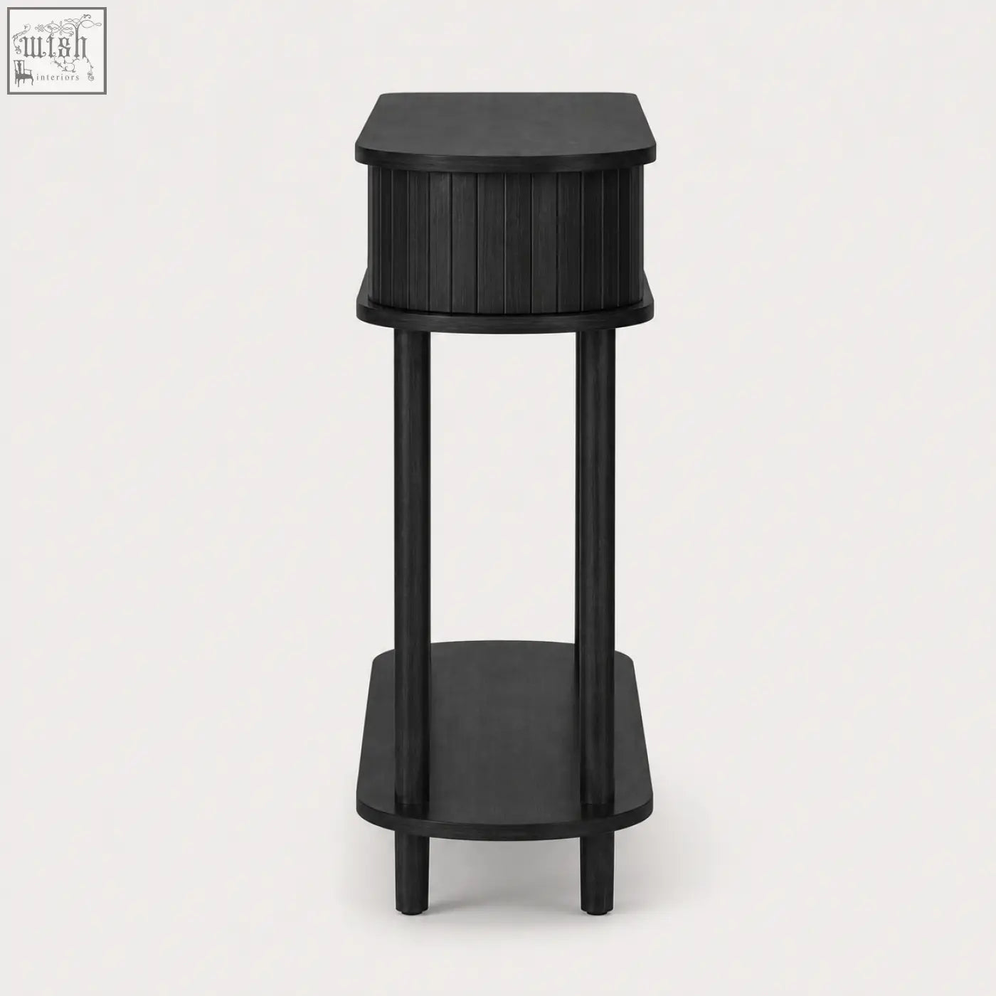 Black wooden console table with sliding tambour doors vertical slats and lower storage shelf by Furniture100