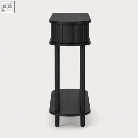 Black wooden console table with sliding tambour doors vertical slats and lower storage shelf by Furniture100