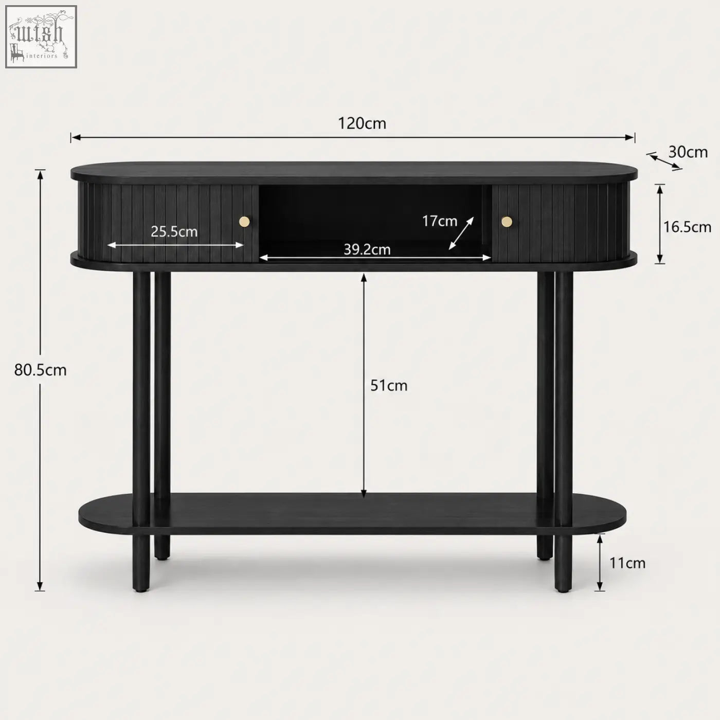 Black fluted console table with sliding tambour doors vertical slats gold knobs and central open storage shelf