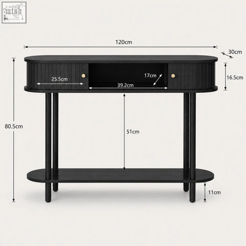 Black fluted console table with sliding tambour doors vertical slats gold knobs and central open storage shelf