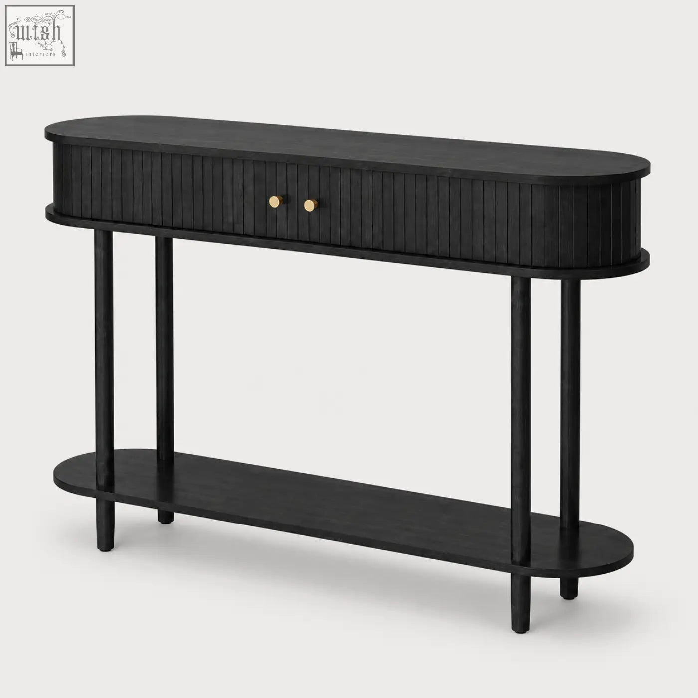 Black oval console table with vertical slat detailing gold knobs and sliding tambour doors for stylish storage