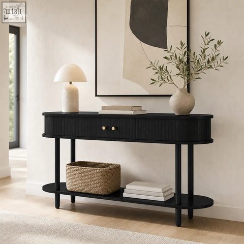 Black console table with vertical slats gold knobs and sliding tambour doors for storage by furniture100