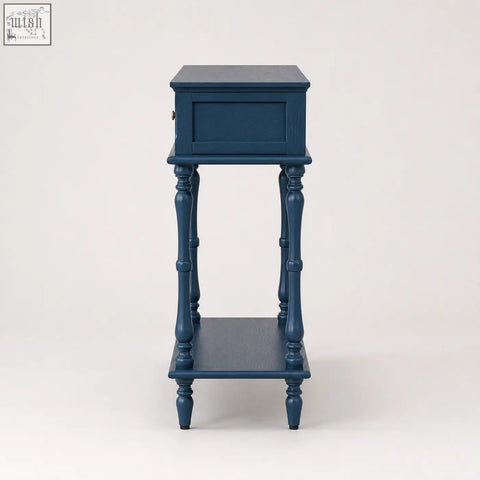 Navy blue painted wooden console table with turned legs and one drawer from furniture100 blue console collection