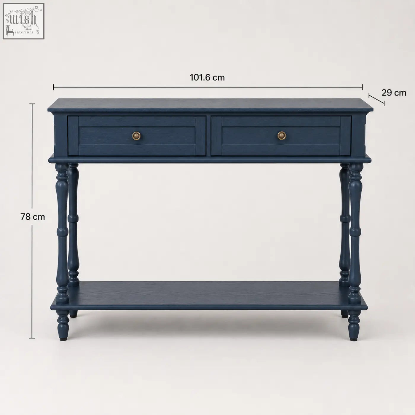 Navy blue console table with two drawers and turned wooden legs from furniture100 blue console table collection