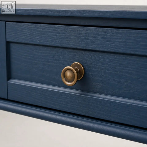Navy blue wooden drawer with brass knob on furniture100 blue console table with 2 drawers and shelf
